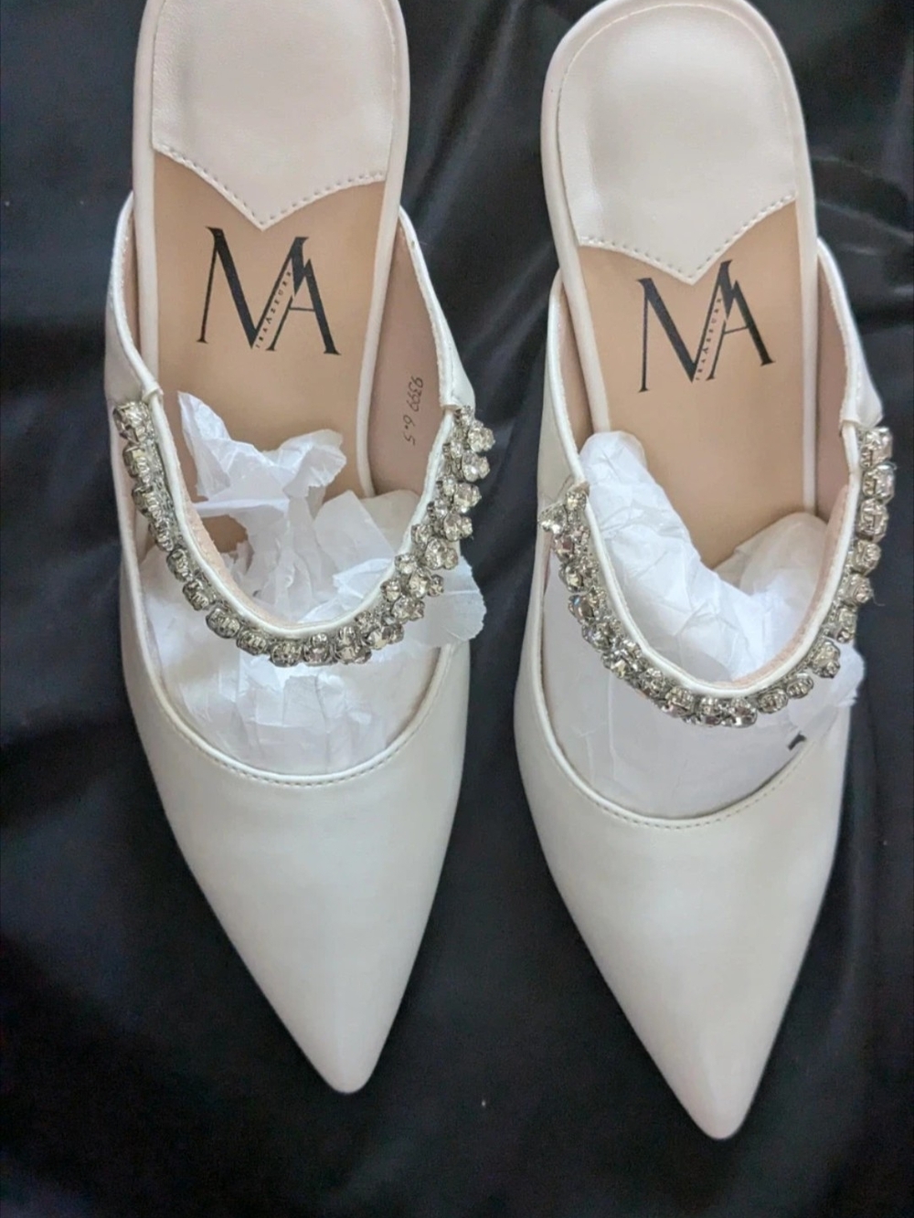 MIRAAZZURRA Rhinestone Strappy Pointed-Toe White Mules 6.5